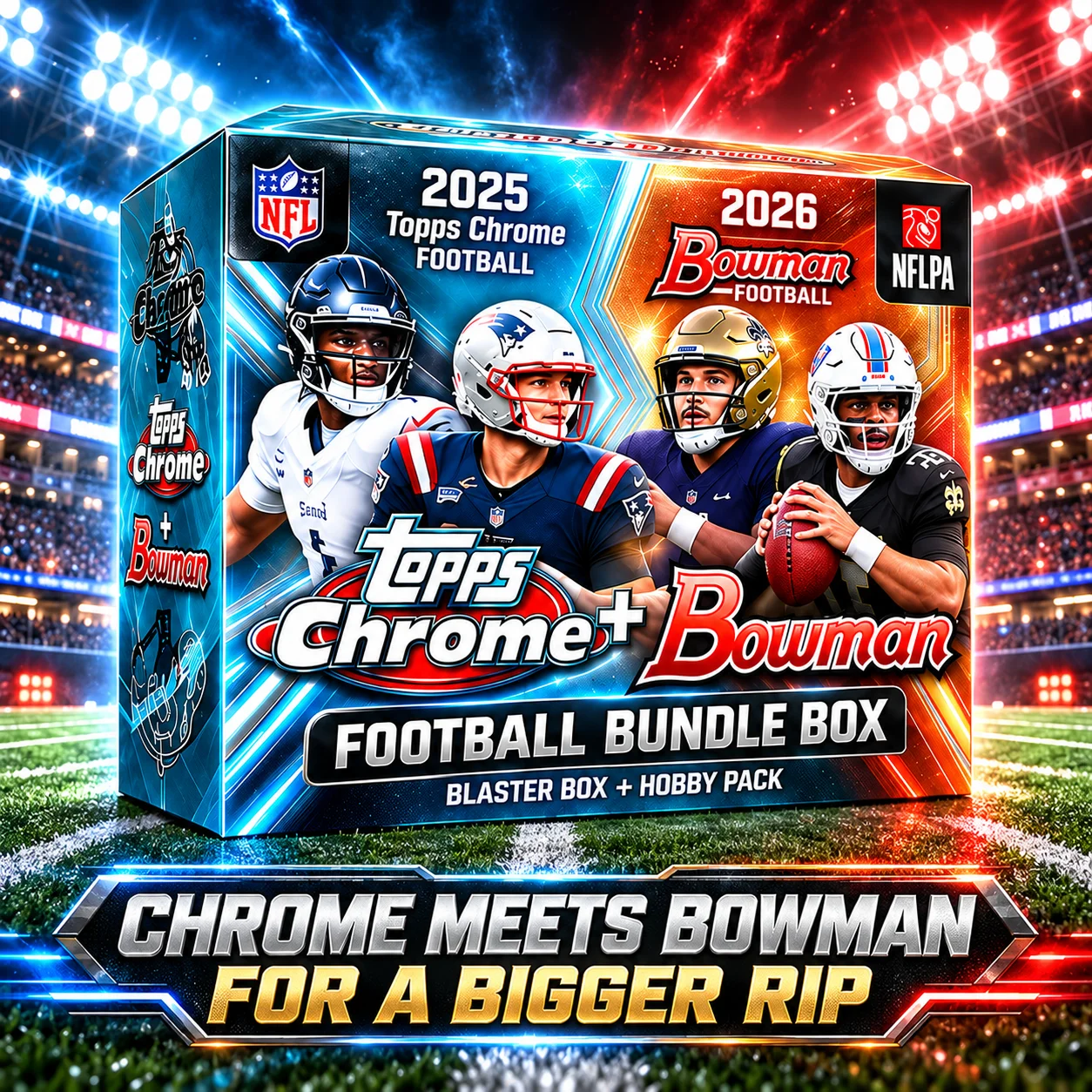 2025 Topps Chrome Football Blaster Box With 2026 Bowman Football Hobby Pack, 36 Cards NFL Football Trading Cards Bundle, Look for 3 Rookies, 3 Refractor Parallels, 2 Raywave Parallels And Numbered Card Chase on Average
