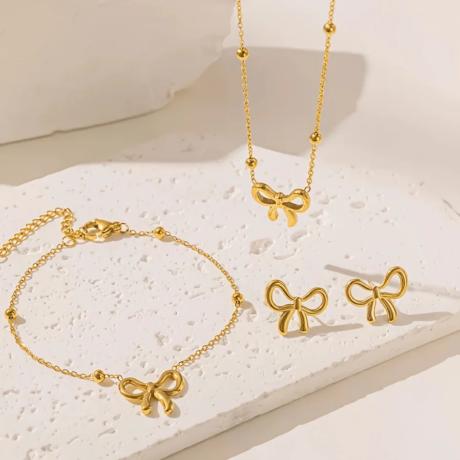 4-piece luxury, lightweight, and fresh bow necklace, bracelet, and earring set, women's high-end banquet jewelry set
