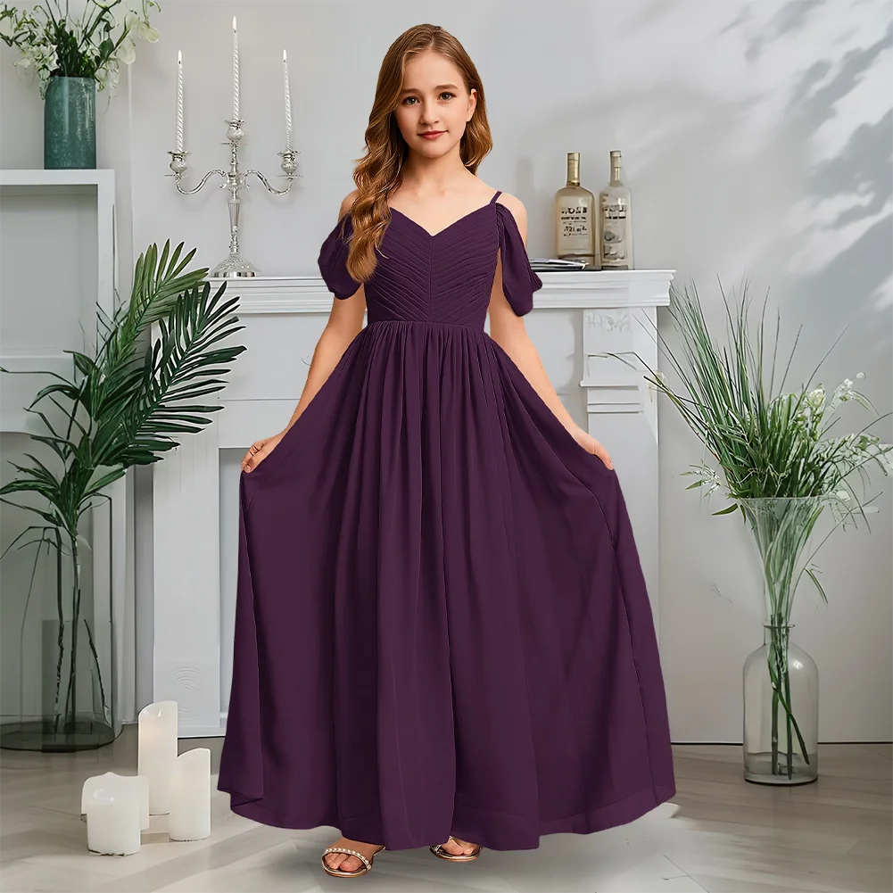 Синее платье подружки невесты с открытыми плечами, платье с цветочным узором для девочек, шифоновое платье трапециевидной формы длиной до пола для девочек, официальная одежда для свадебной вечеринки