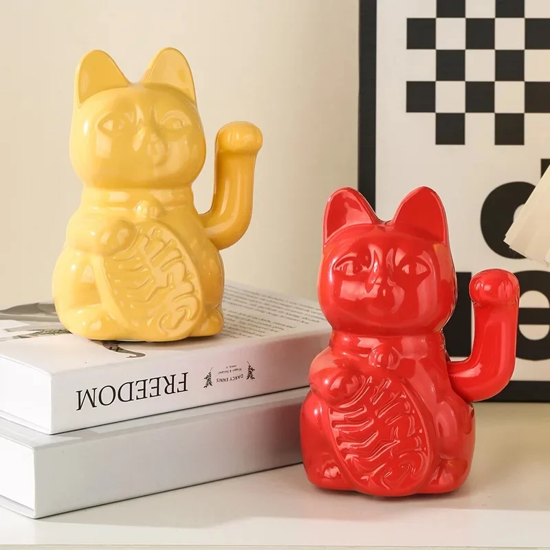 Bras ondulé en céramique pour chat porte-bonheur, 5.9 pouces, Maneki Neko, chat accroupi pour Fortune, richesse, décoration de prospérité, ornement Fengshui