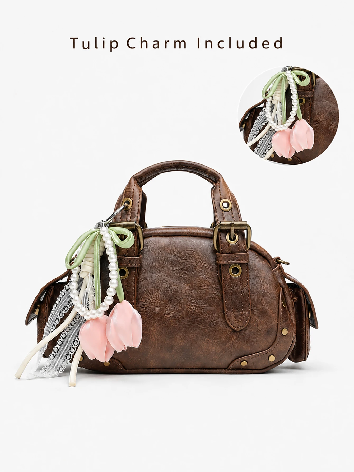 

New Women Vintage Brown PU Leather Bowling Bag Y2K Shoulder Crossbody Handbag Casual Retro Top Handle Satchel Purse with Charm
