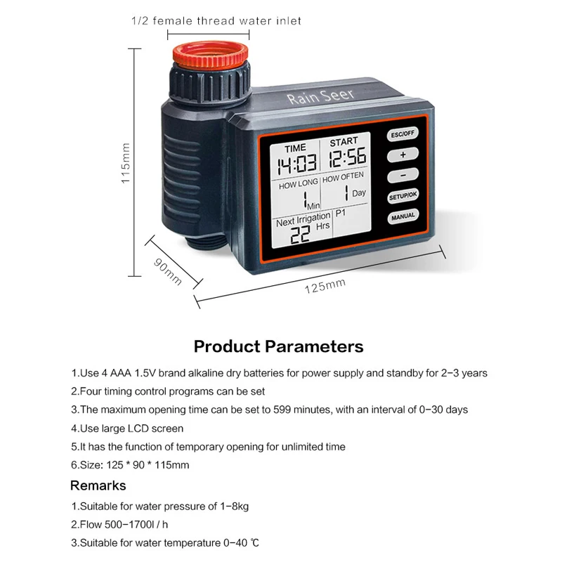 Rain Seer New Garden Water Timer LCD Display Automatic Electronic Watering Timer Waterproof IP65 irrigation Controller System
