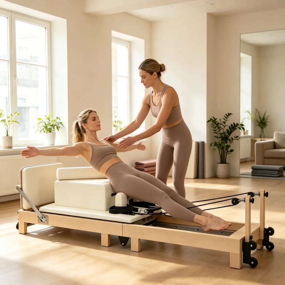 Ahornholz Schnellklappbares Pilates-Trainingsbett, Multifunktionales Großes Yoga-Core-Workout-Gerät für Haushalt und Professionelle Fitnessstudios