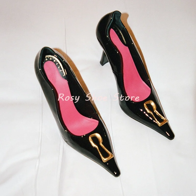 Golden Keyhole Black Velvet Women Pumps Novel Metal Accessories Slip On Black Patent Leather Pumps Sexy Pointed Toe Stilettos