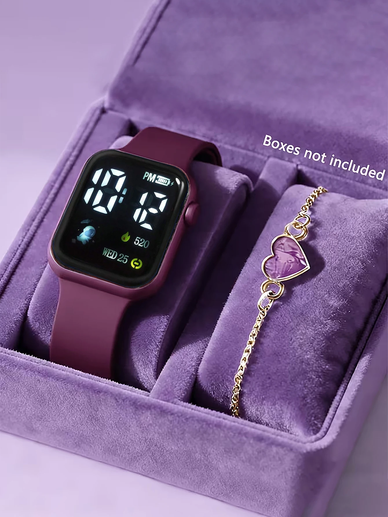 2-Piece Set, Children's Silicone Strap Led Electronic Watch with Heart Bracelet, Casual and Simple, Suitable for Daily Wear and Shopping, an Excellent Gift for Her.