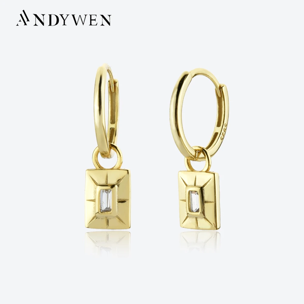 

ANDYWEN 100% 925 Sterling Silver Gold Simple Luxury Square Drop Earring Women Clips Piercing Rock Punk Dropshipping Jewels