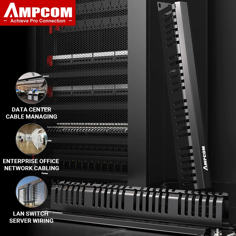 AMPCOM 1U 19inch Server Rack Cable Management, 12/24 Slot Metal Horizontal Rack Mount Wire Manager Finger Duct With Cover