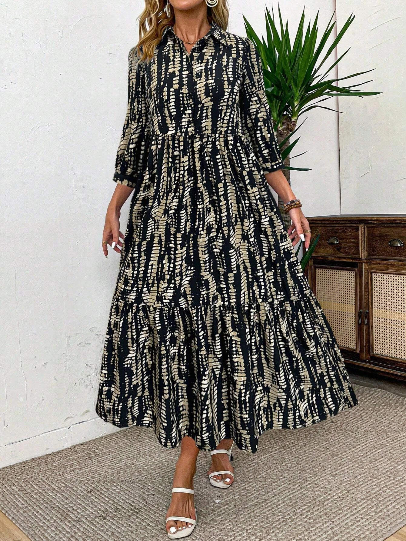 Damen-Kleid mit Allover-Print, Kragen und 3/4-Ärmeln, elegantes, lässiges, modisches langes Kleid für den täglichen Outdoor-Bekleidung