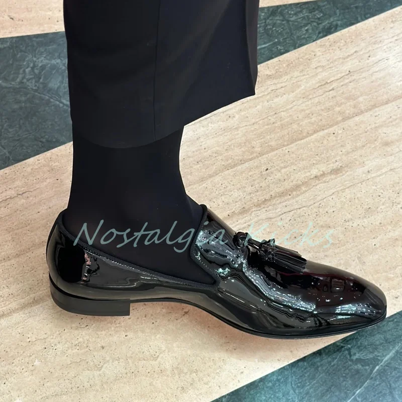 Sepatu Pantofel Detail Rumbai Kulit Paten Hitam Mewah Sepatu Formal Pria Slip On Kulit Sapi Sepatu Oxford Flat Bisnis Nyaman