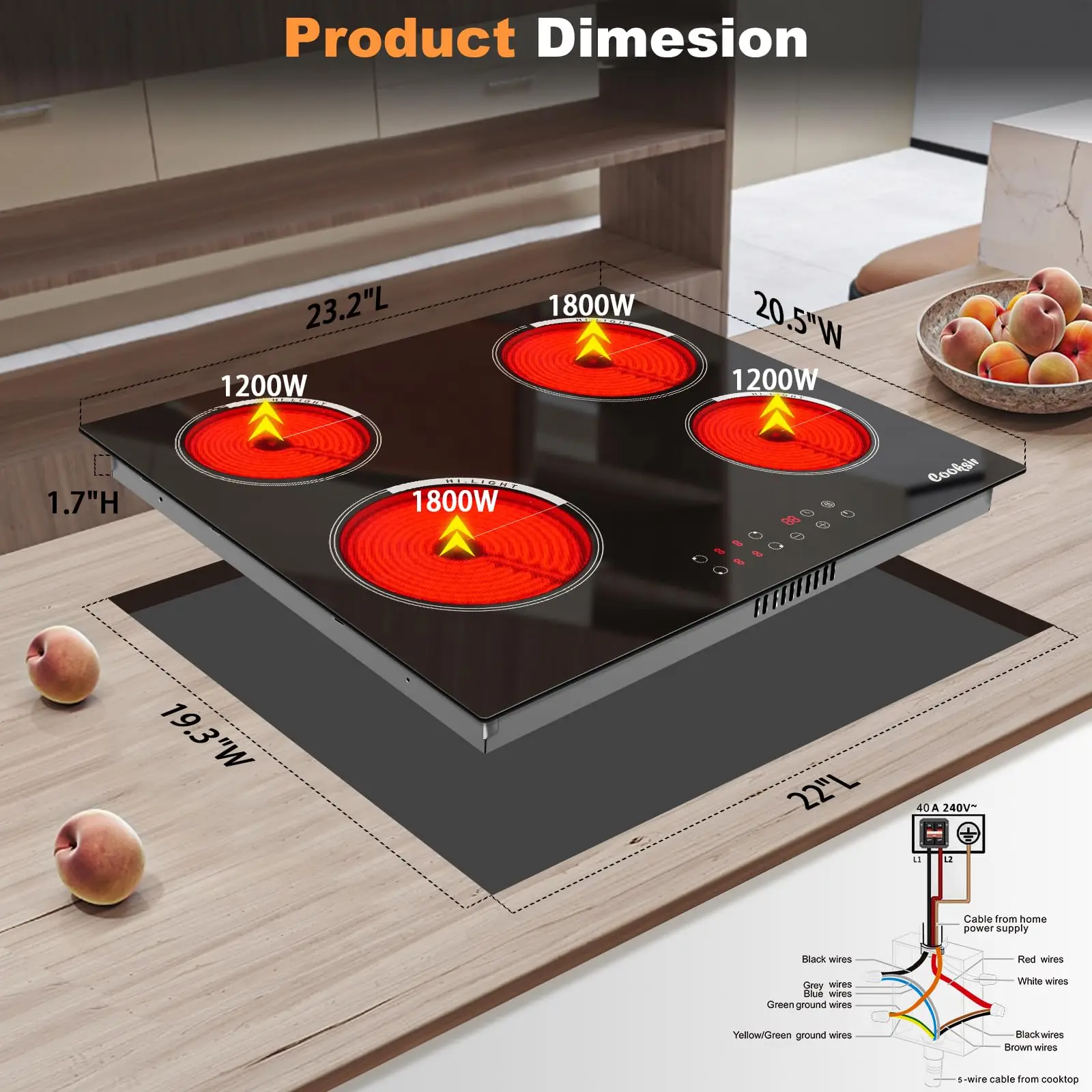 Cooksir Estufa eléctrica de 4 quemadores de 24 pulgadas, temporizador, cerradura de seguridad para niños, 9 niveles de calefacción, cable duro de 220 V (sin enchufe), caída de 220 V-240 V