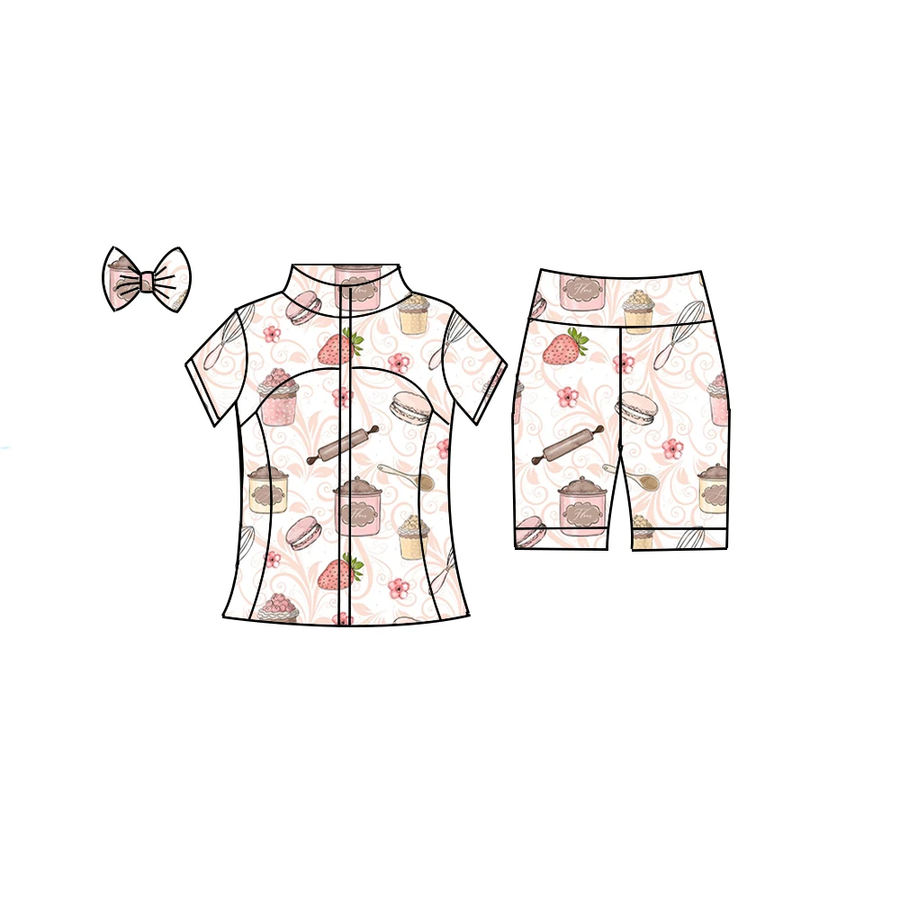 Boutique children's sets girls' short-sleeved set stand collar zipper slim fit design best-selling style cakes and drinks print