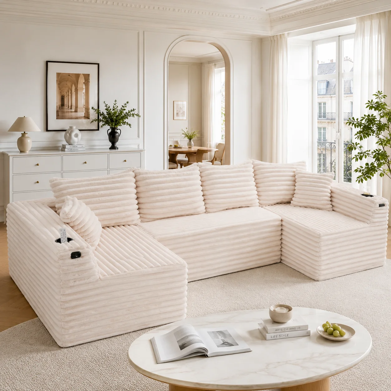 U-förmiges Cord-Sofa, 6-Sitzer mit Federkernpolsterung, 4 Rückenkissen & 2 Zierkissen, integrierten Getränkehaltern & Seitentaschen – ergonomisch, modular, vakuumverpackt – ideal für Wohnzimmer &