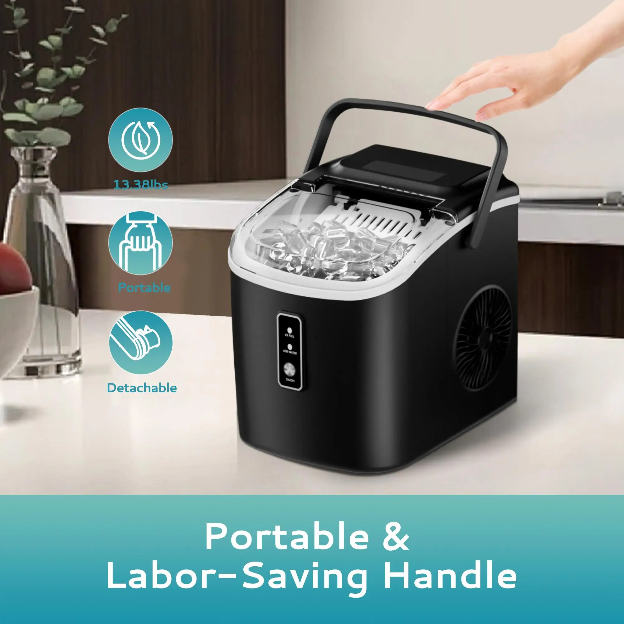 Vibekio Portable Ice Machine 9 Cubes in 6 Mins Ice Maker Machine 26.5lbs/Day Auto-Cleaning Countertop for Home Kitchen Camping