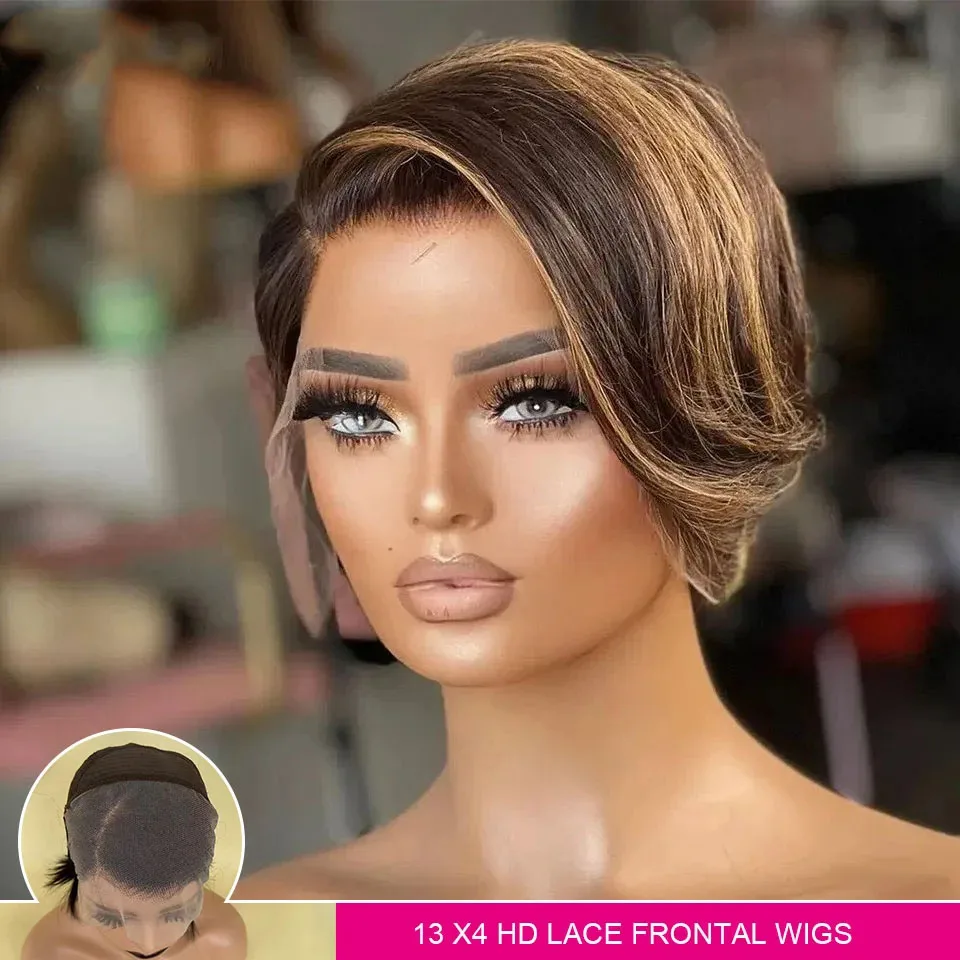 

Short Bob Pixie Cut Wig Straight Human Hair 13x4 Frontal Wigs Transparent Lace Wigs For Women Highlight Straight Wig Human Hair