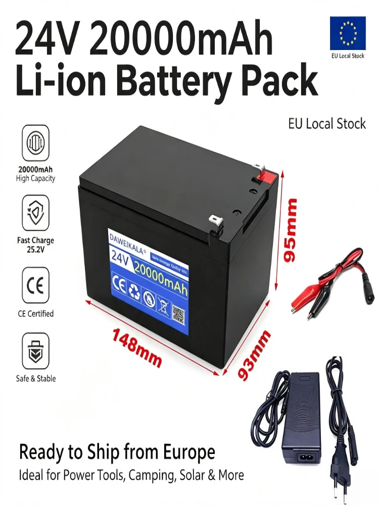 24V 20Ah 18650 Lithium-Akku-Pack Wiederaufladbarer Akku für Solarenergie, Elektrofahrzeug, Camping-Akku 25,2V 2A Ladegerät