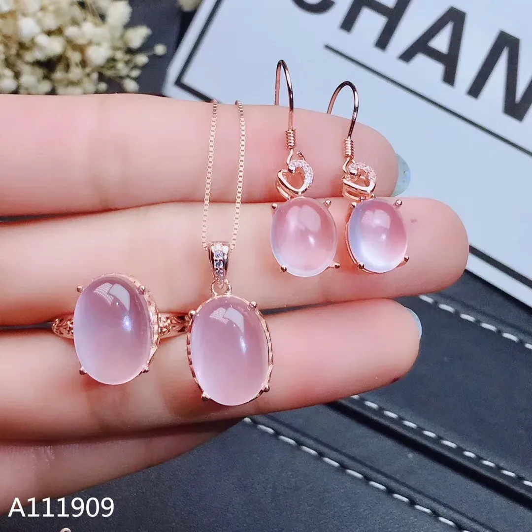 

Girls' Natural Pink Crystal Hibiscus Stone Gemstone Necklace Pendant Ring Set 925 Pure Silver Plated Rose Gold Gift for Girlfrie