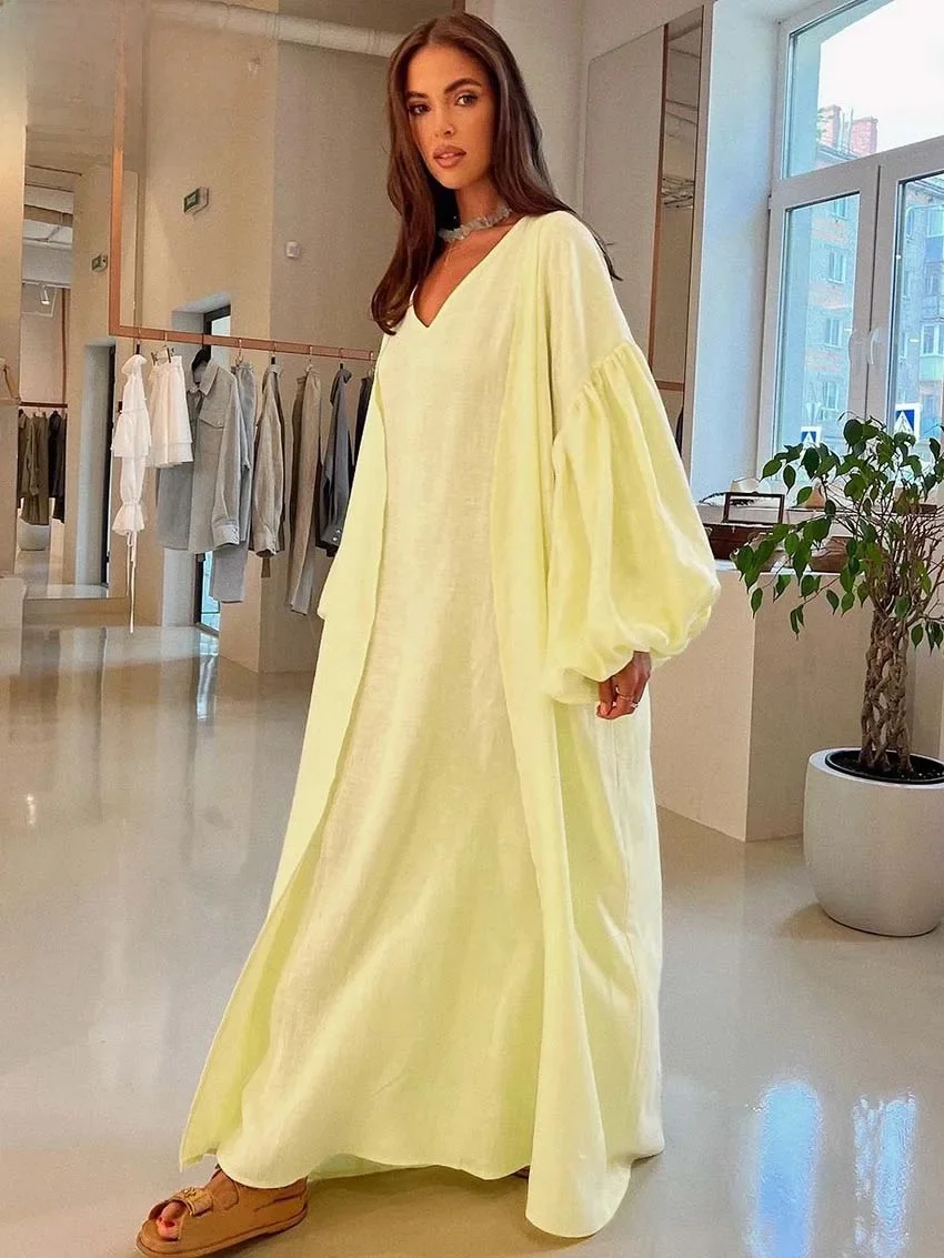 Oymimi Eleganckie żółte zestawy z bawełny konopnej 2 szt. Stroje damskie Casual Puff Sleeve Robe i V-Neck Bez rękawów Zestawy sukienek do podłogi — zdjęcie 2