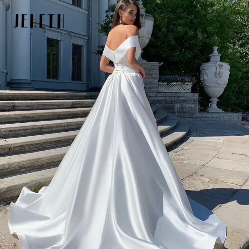 Jeheth Beach Satin Brautkleider von der Schulter süßes Herz Brautkleider sexy rücken freie elegante A-Linie Prinzessin Kleid Jeheth Beach Satin Brautkleider von der Schulter süßes Herz Brautkleider sexy rücken freie el