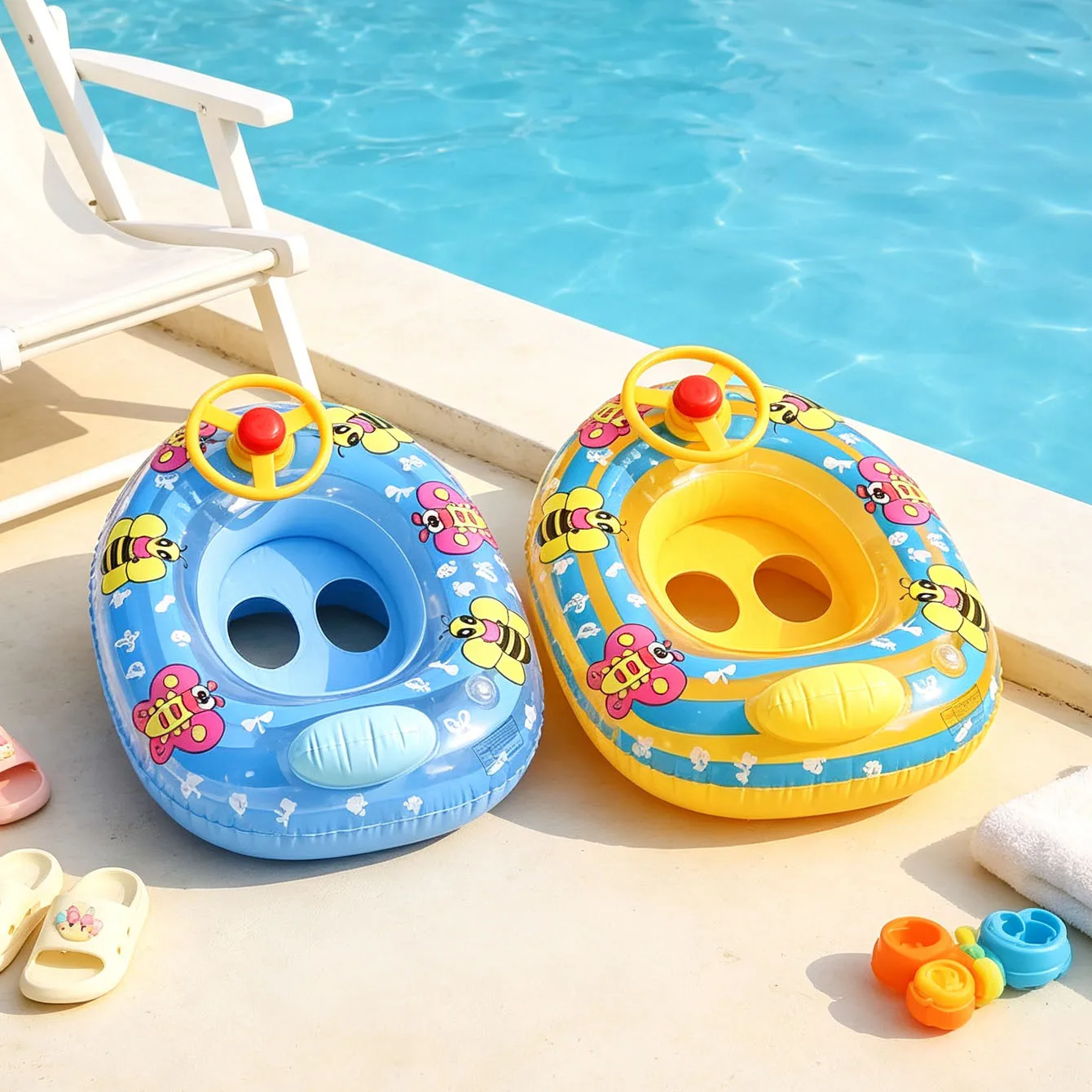 1PC Inflatable Pool Float Swimming Ring Seat with Steering Wheel, Bee Butterfly Print, Dual Leg Openings, Summer Water Float