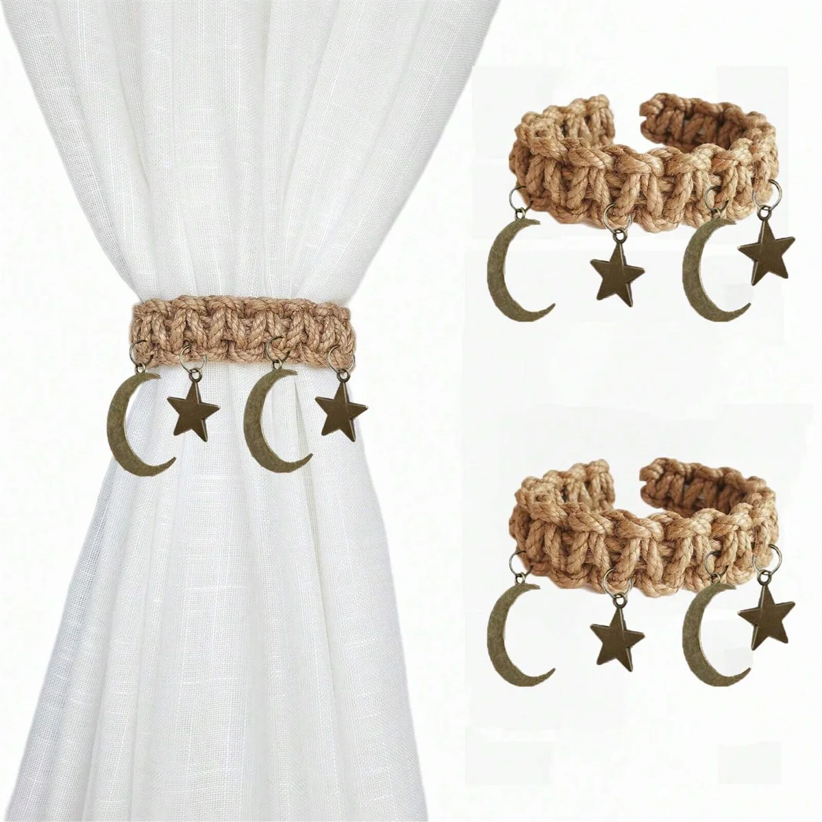 1/2 Pcs Star Moon Metal Buckle Woven Curtain Clip Twisted Rope Curtain Tie Suitable For Living Room Bedroom Holiday Gifts
