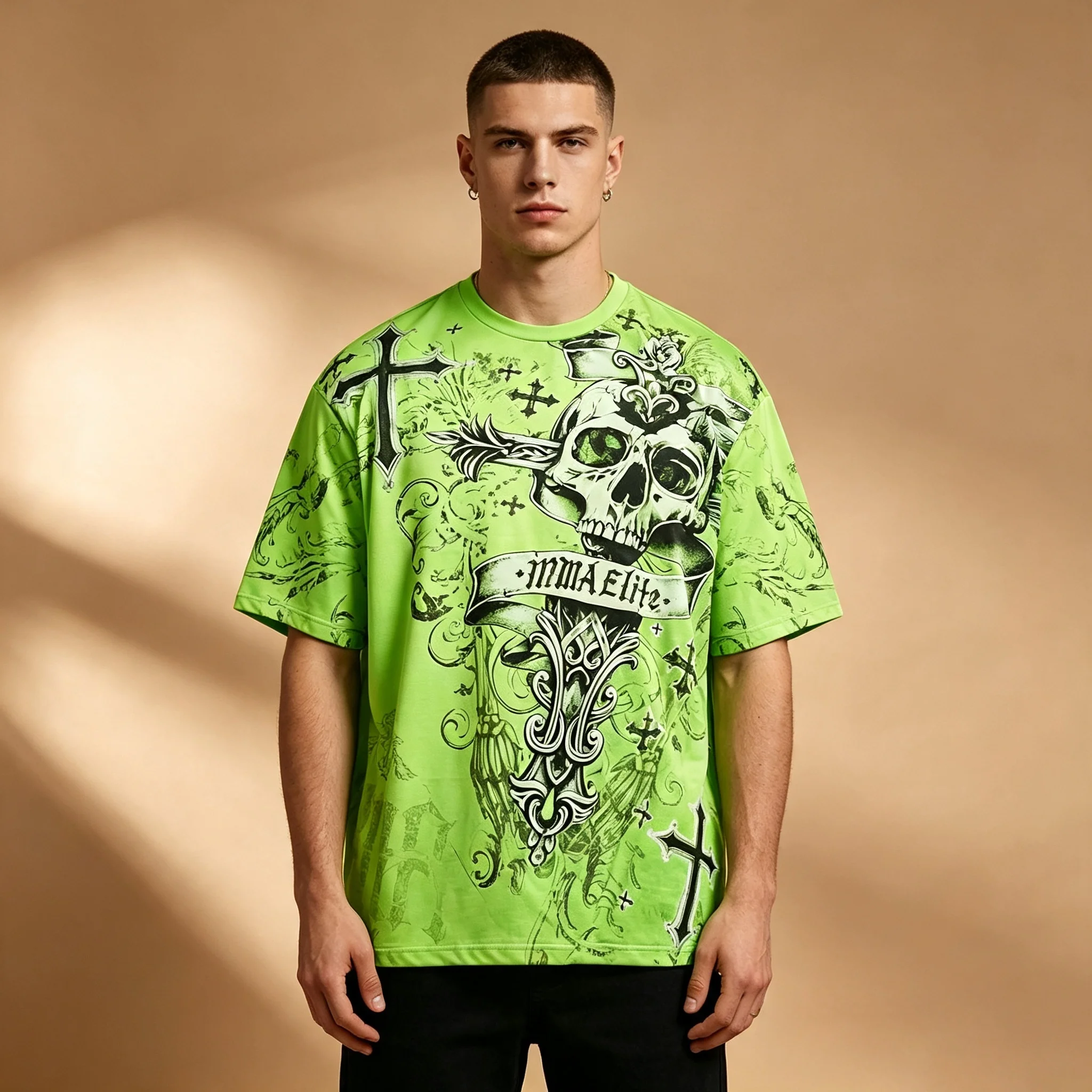 Vintage Punk Skull Cross Graphic T-shirt For Men Fluorescent Green Crewneck Short Sleeve Hip Hop Street Casual Tee