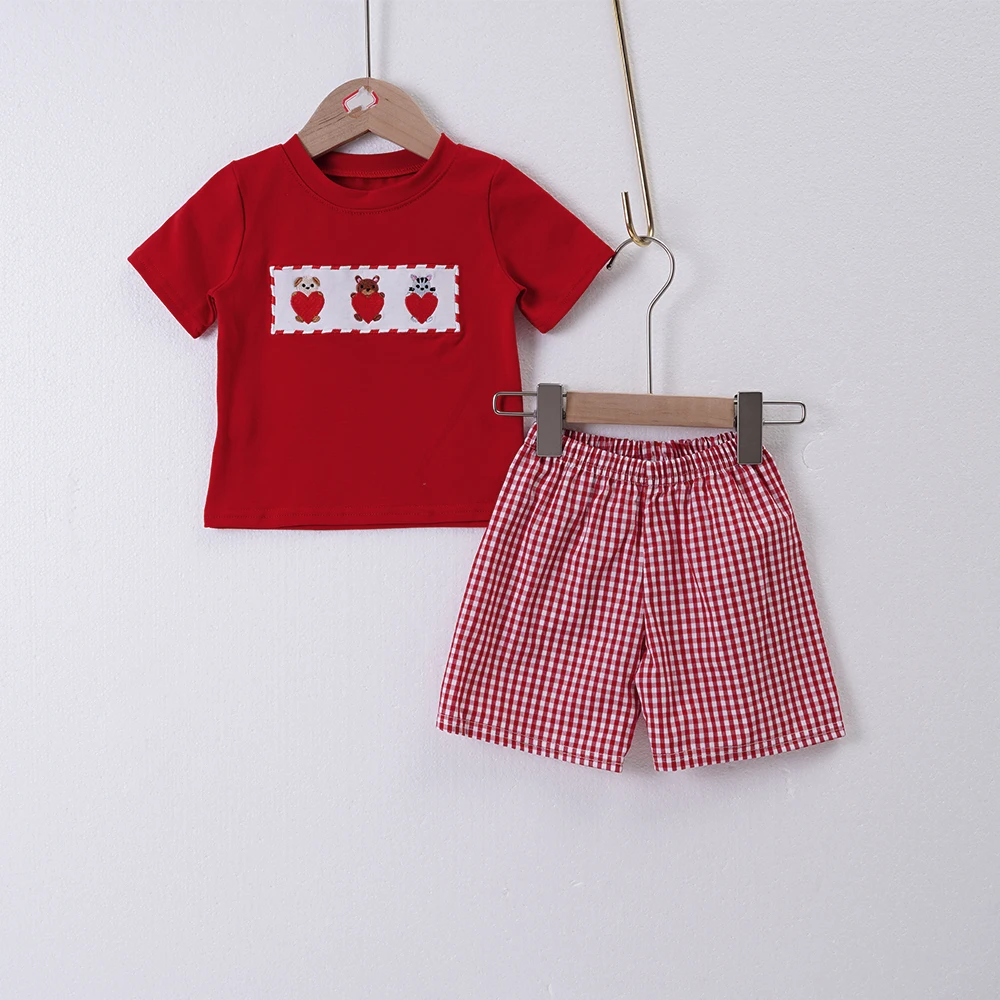 Valentine's Day Outfits Baby Boys Clothes Set Animal Embroidery Bodysuit Red Sleeve T-Shirts Lattice Shorts Suit For 1-8T Babi