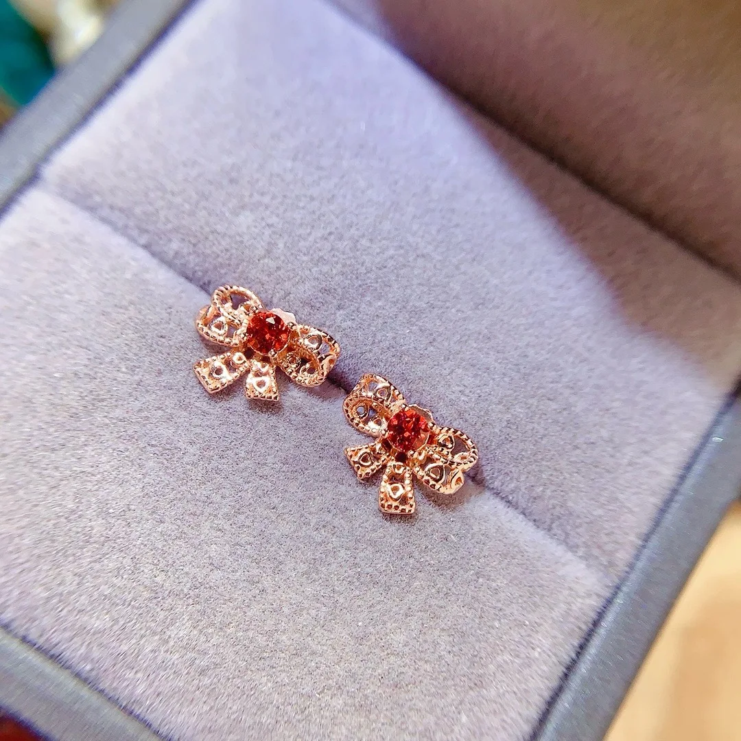 925 Sterling Silver Inset Natural Magnesium Aluminum Garnet 4x4mm Girls Electroplated Rose Gold Hollow Earrings to Girlfriend
