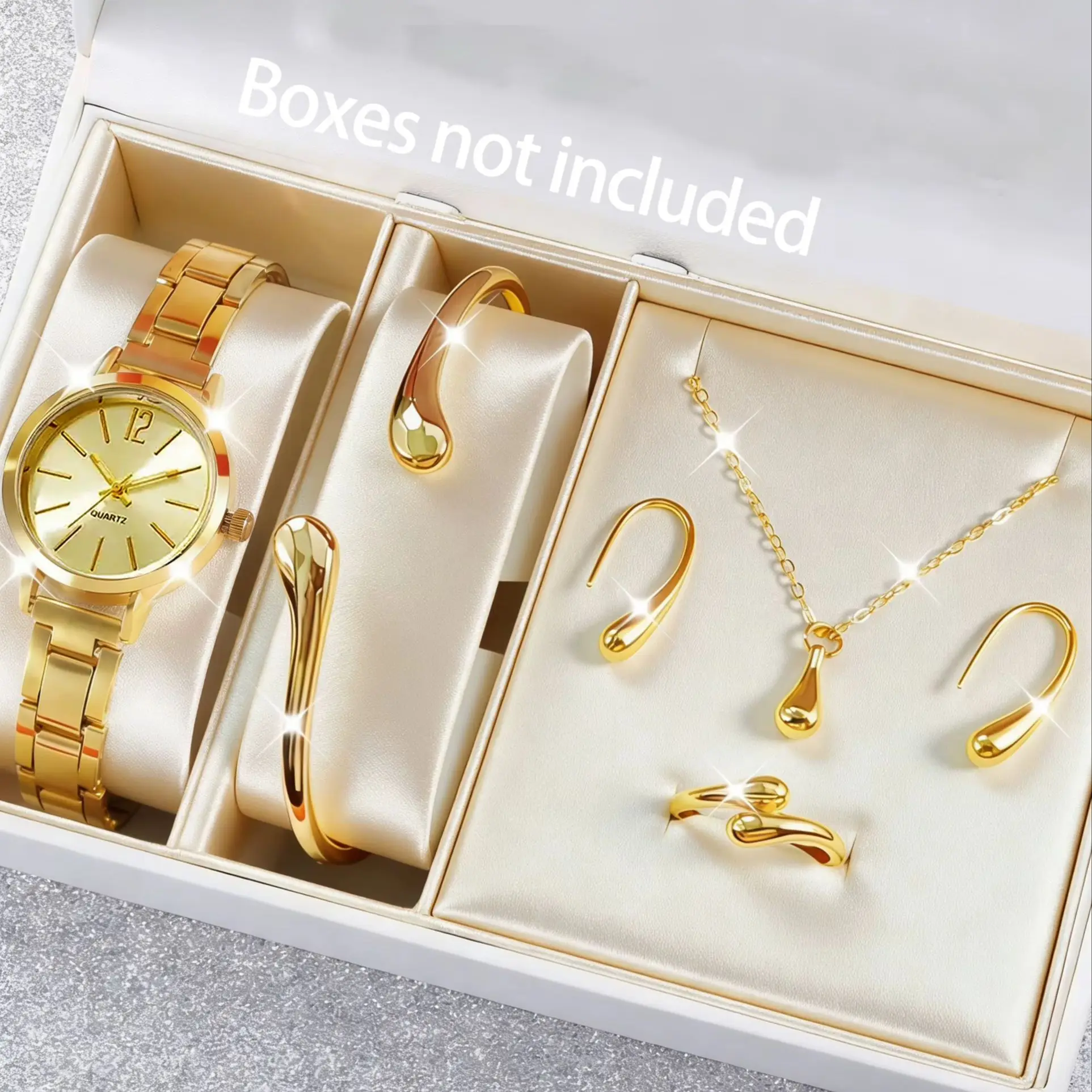 6-Piece Set of Light Luxury Minimalist Women's Compact Round Watches Paired with Water Drop Series Jewelry Set, Suitable for Daily Wear, Couple's Watches, the Best Gift for Her