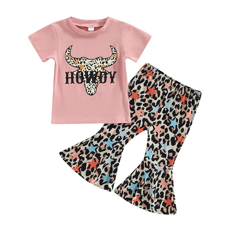 

2025 summer new design girls short sleeve flare trouser set boutique wholesale