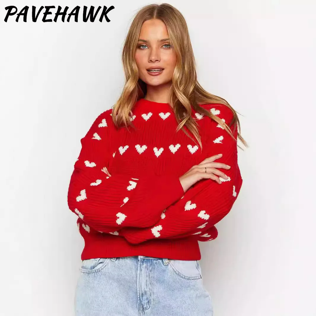 Women O Neck Heart Print Sweaters Loose Long Sleeve Patchwork Knitted Sweater Sweet Autumn Winter Pullover Knitwear Streetwear