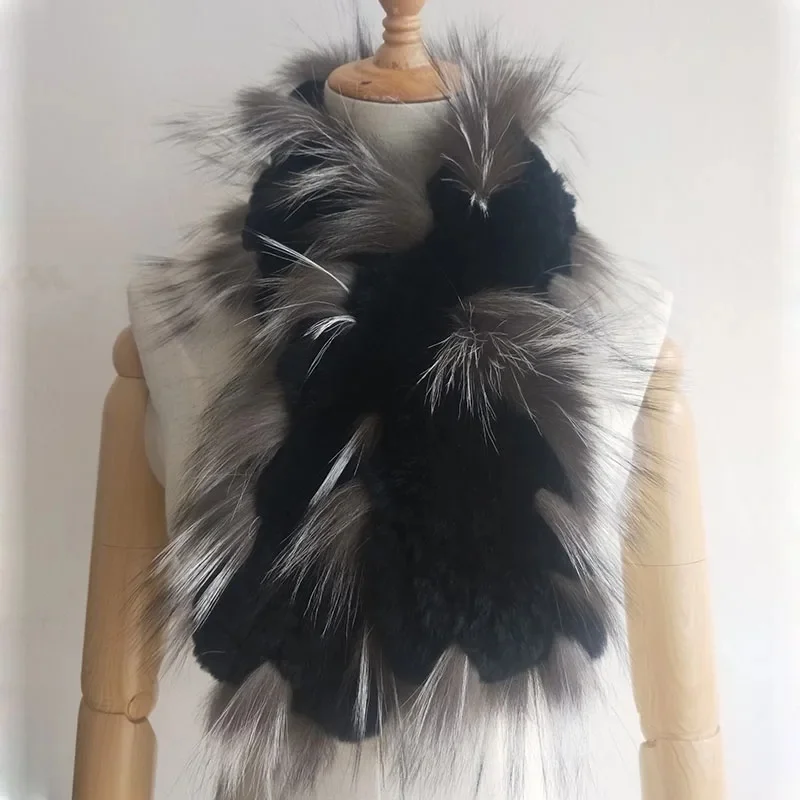 Panie prawdziwe Rex Rabbit Fur szalik z dzianiny moda zima z dzianiny prawdziwego chusty futrzane kobiet 2019 luksusowe nowe mody szaliki — zdjęcie 2