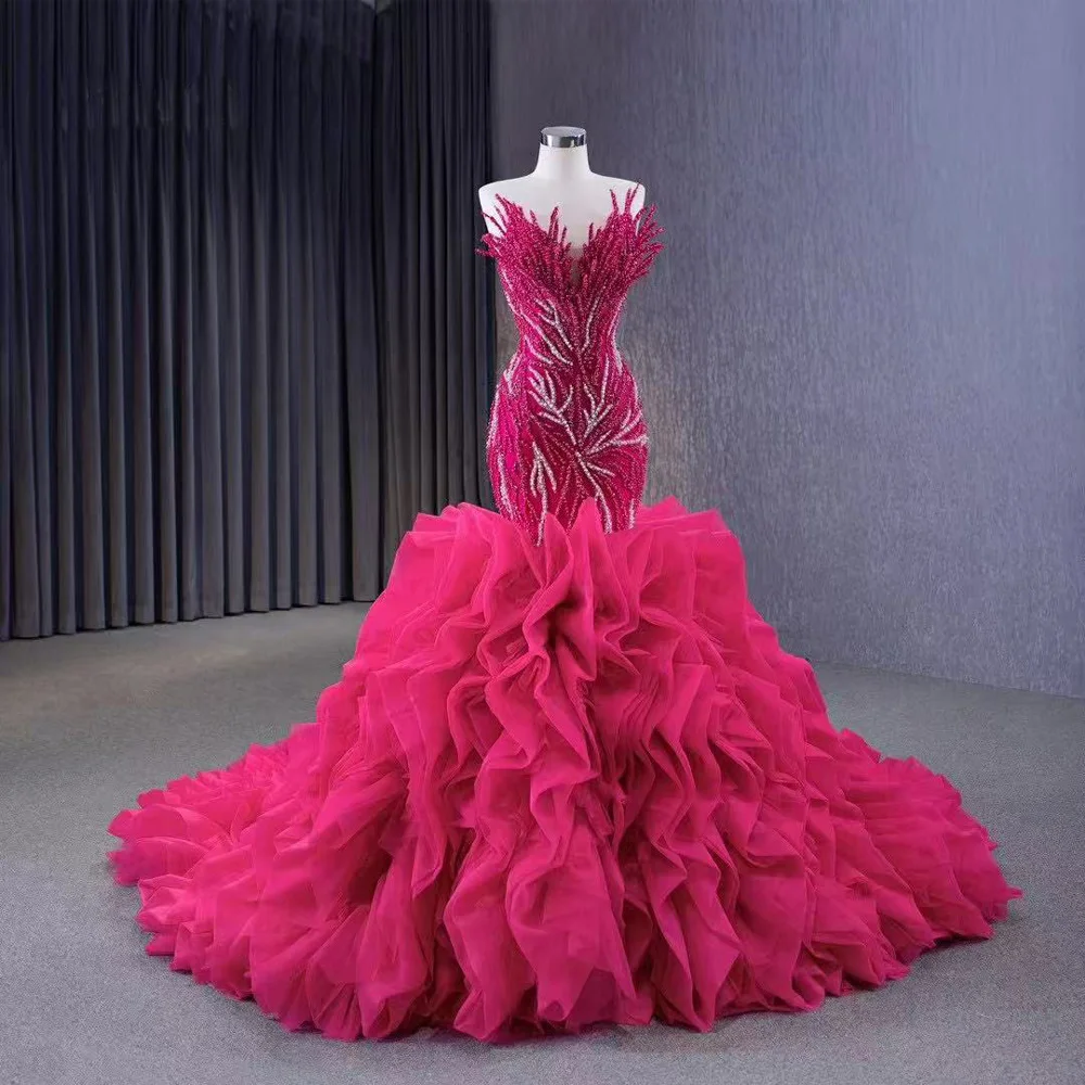 민소매 스위트하트 로즈 레드 이브닝 드레스 비즈 장식 러플 특별한 날 드레스 여성용 우아한 갈라 드레스