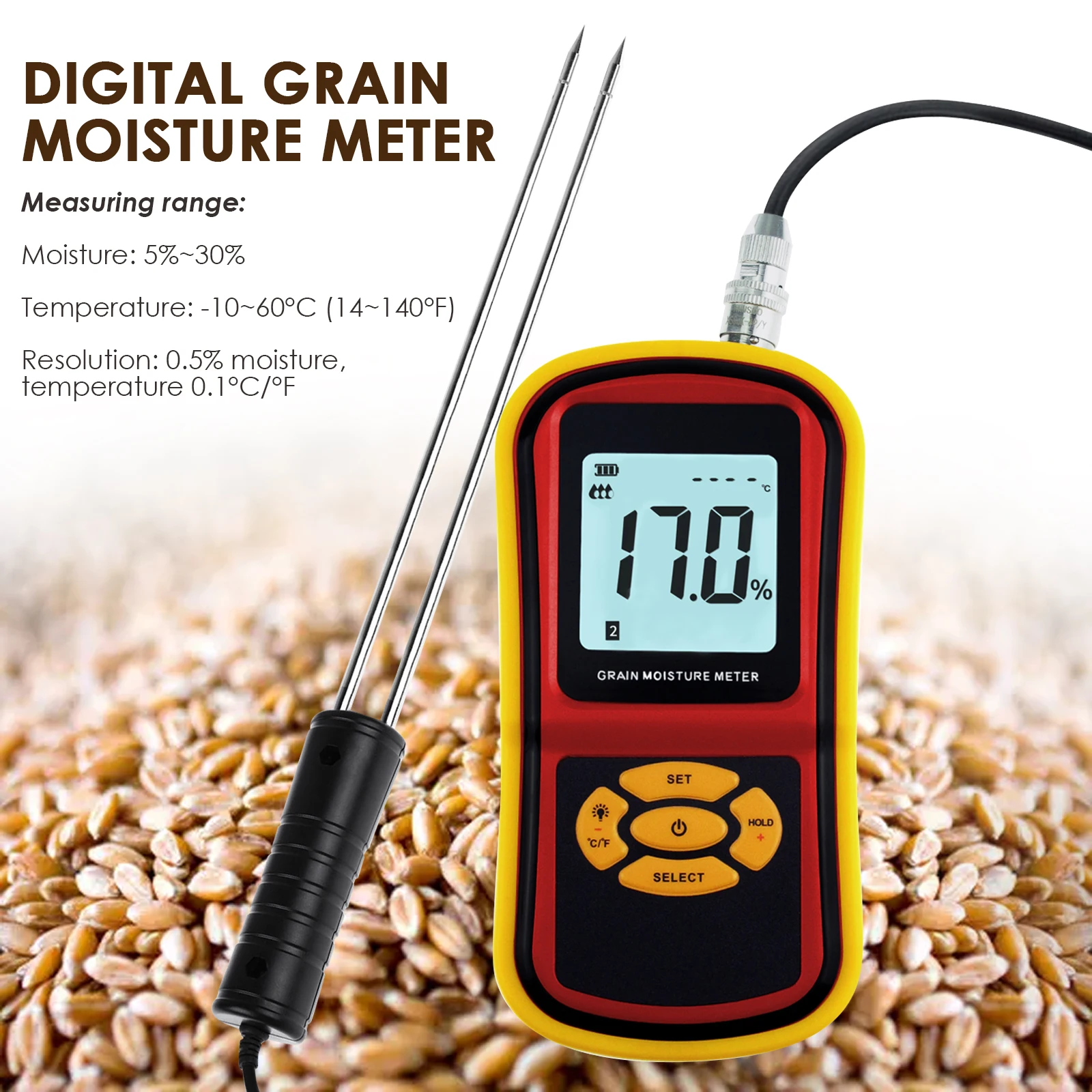 Digital Grain Food Moisture Meter 8 Species Rice Corn Wheat Paddy Soybean Tester Analyzer Large LCD Microcomputer Technology