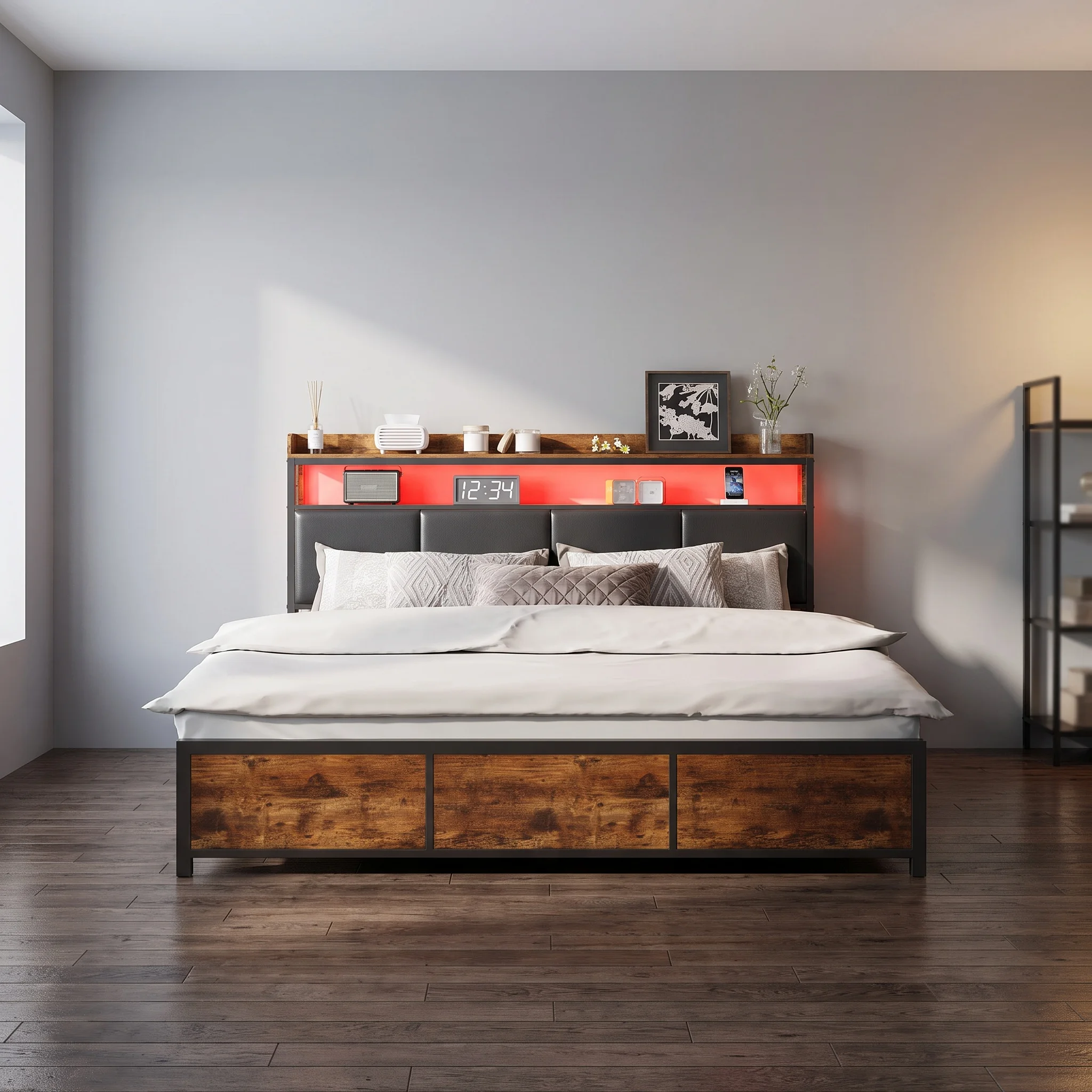 Stoffering bed 160x200 cm 4 lades Metalen frame PU hoofdeinde voor slaapkamer Zwart met tijgerhout