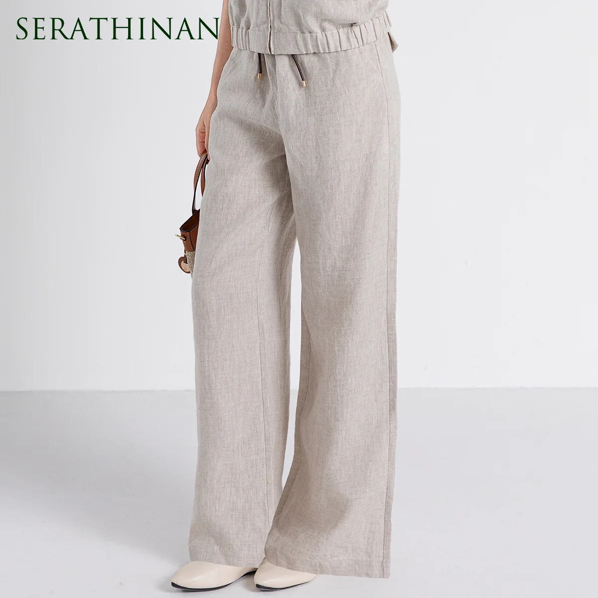 

TH861243 Premium Women's 100% Linen LP Pants High Waist Drawstring Sheepskin Trim Relaxed Fit Summer Trousers