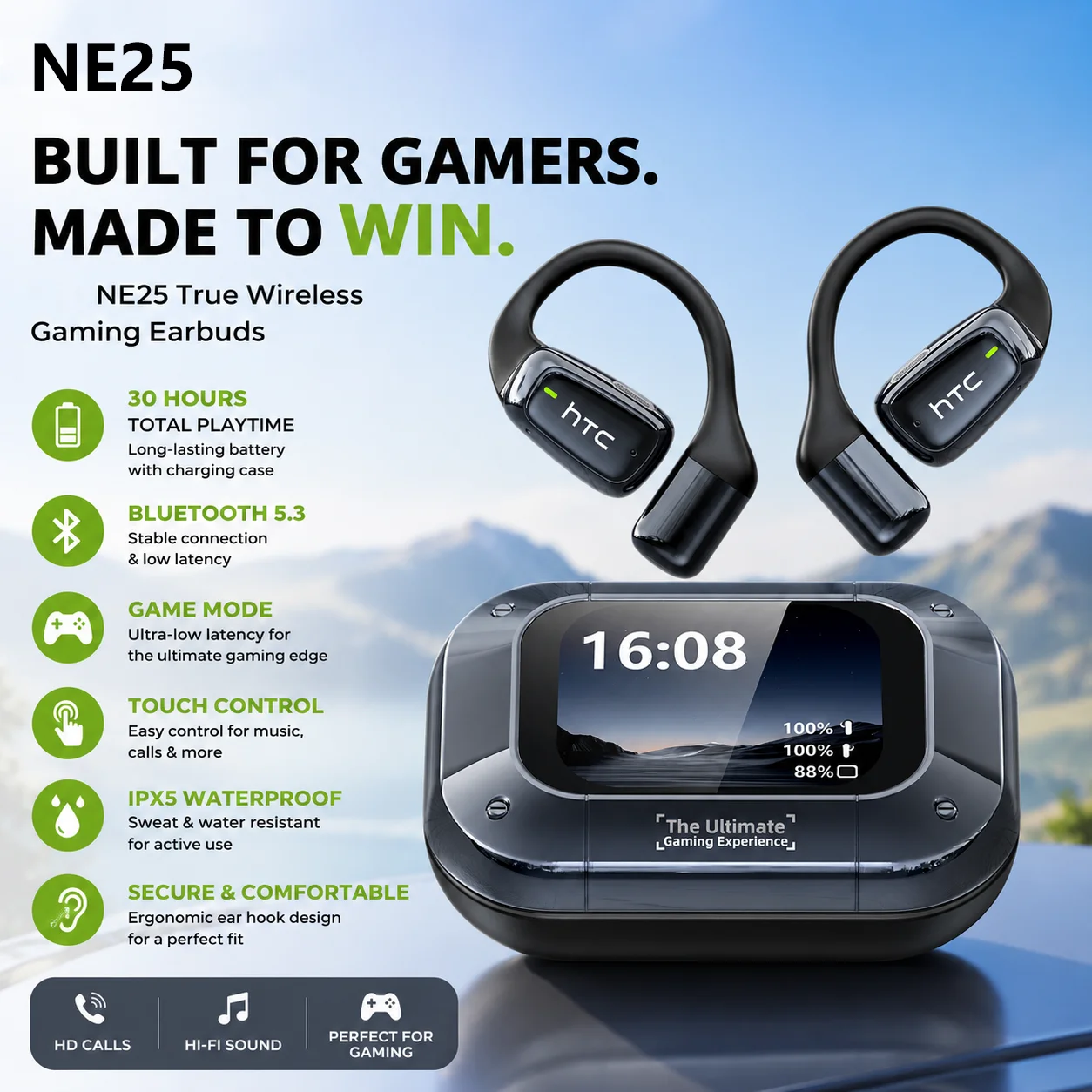 Écouteurs sans fil NE25 M98 TWS Bluetooth 5.3, écouteurs à réduction de bruit, étanches, pour le sport et les jeux, longue autonomie, son stéréo Hi-Fi, casque sans fil.