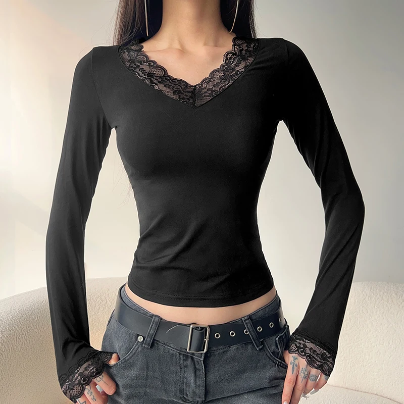 Elegant Women's Lace Patchwork Top Black Skinny Long Sleeve V-Neck T-shirts Y2K Tops Spring Pullover Fashionable Casual Clothes image 6