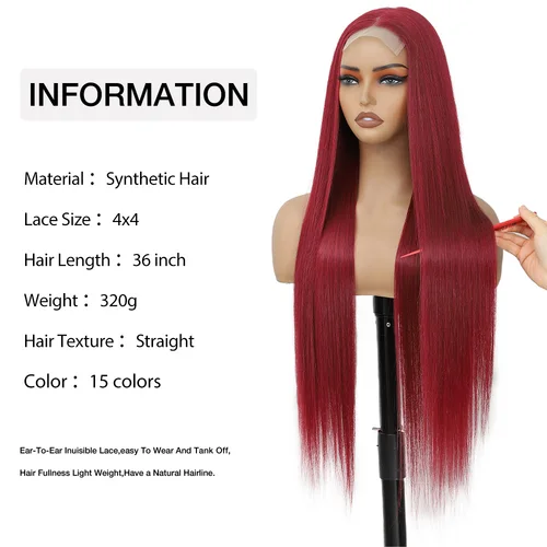Imagen 2 del producto Pelucas frontales de encaje recto 4X4 de 36 pulgadas para mujer, peluca de fibra de alta temperatura de Color burdeos, peluca con cierre de encaje de pelo sintético largo