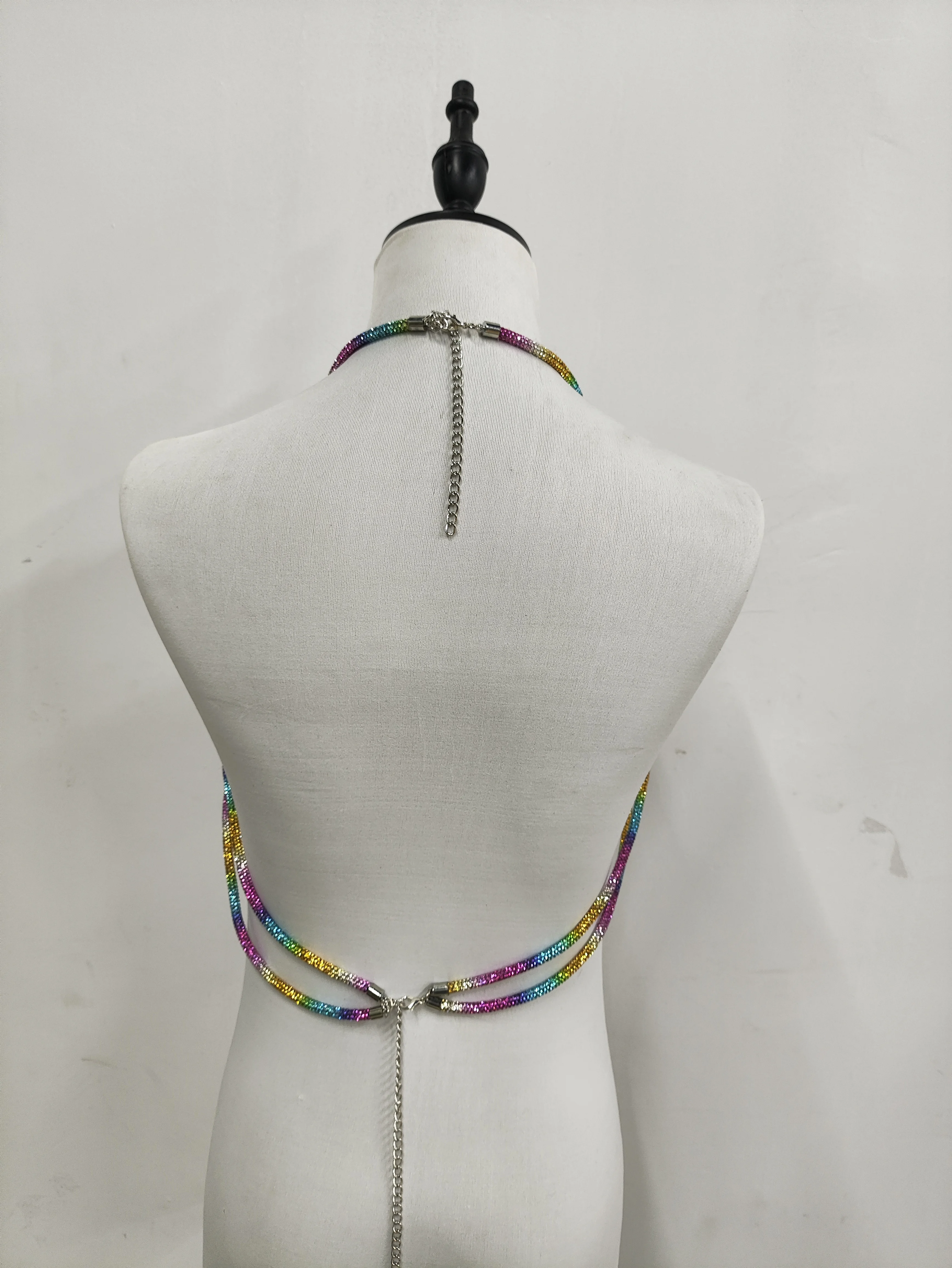 Rainbow Color Rhinestone Body Chain Sexy Shiny crystal Bikini Chest Bra Bodysuit Backless Lingerie