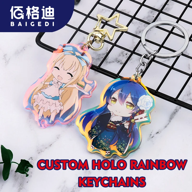 

Custom Acrylic Keychain Cartoon Logo Holo Rainbow Key Chain Photo Customized Transparent Printing Design Game Anime Keychains