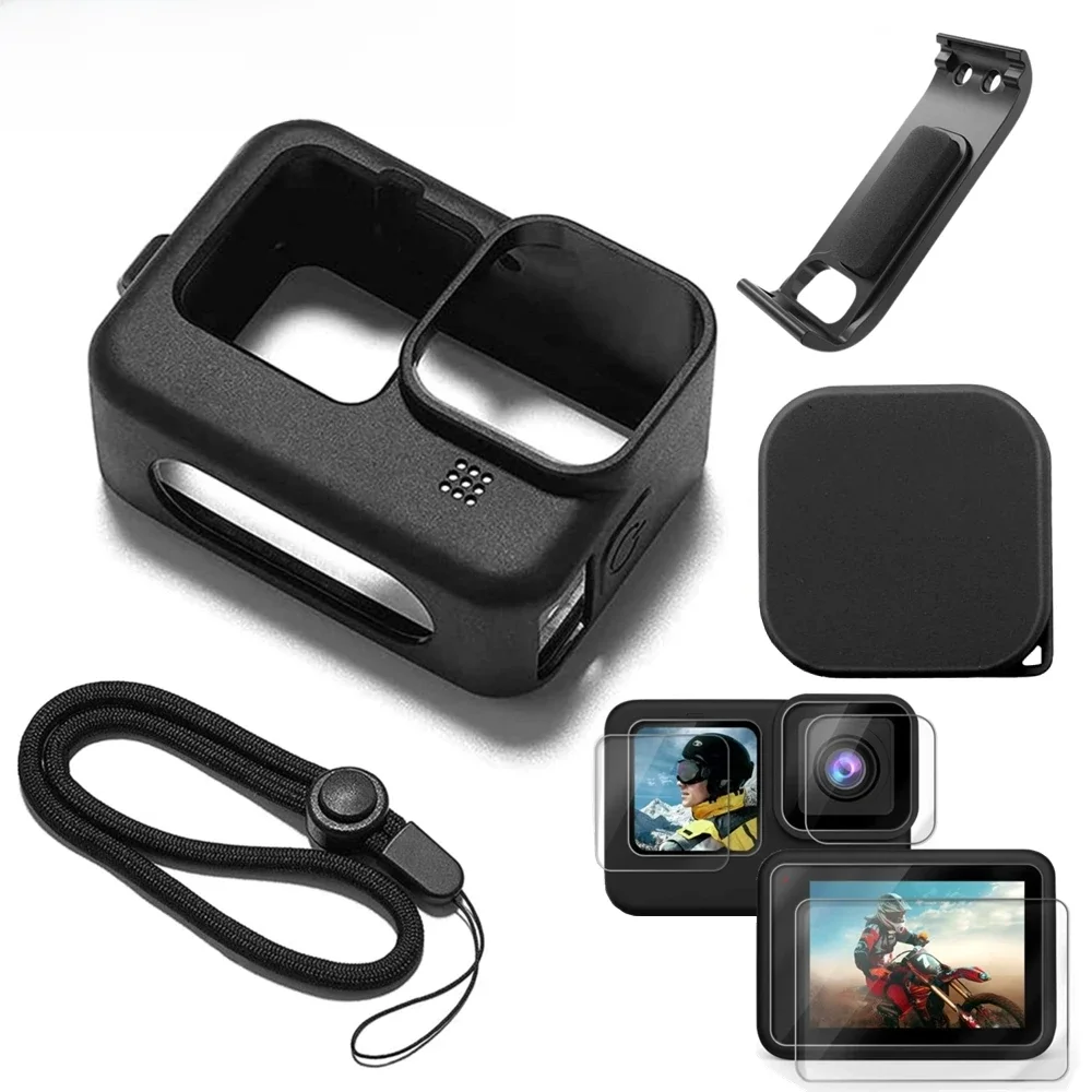 Silikonowe etui do GoPro Hero 12 11 10 Czarna osłona ekranu ze szkła hartowanego Folia ochronna Osłona obiektywu do akcesoriów GoPro 9 — zdjęcie 2
