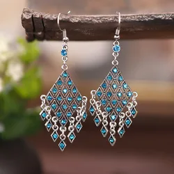 Vintage Ethnic Blue Rhinestone Geometric Water Drop Earrings for Women Boho Long Hollow Temperament Earrings Jhumka Jewelry
