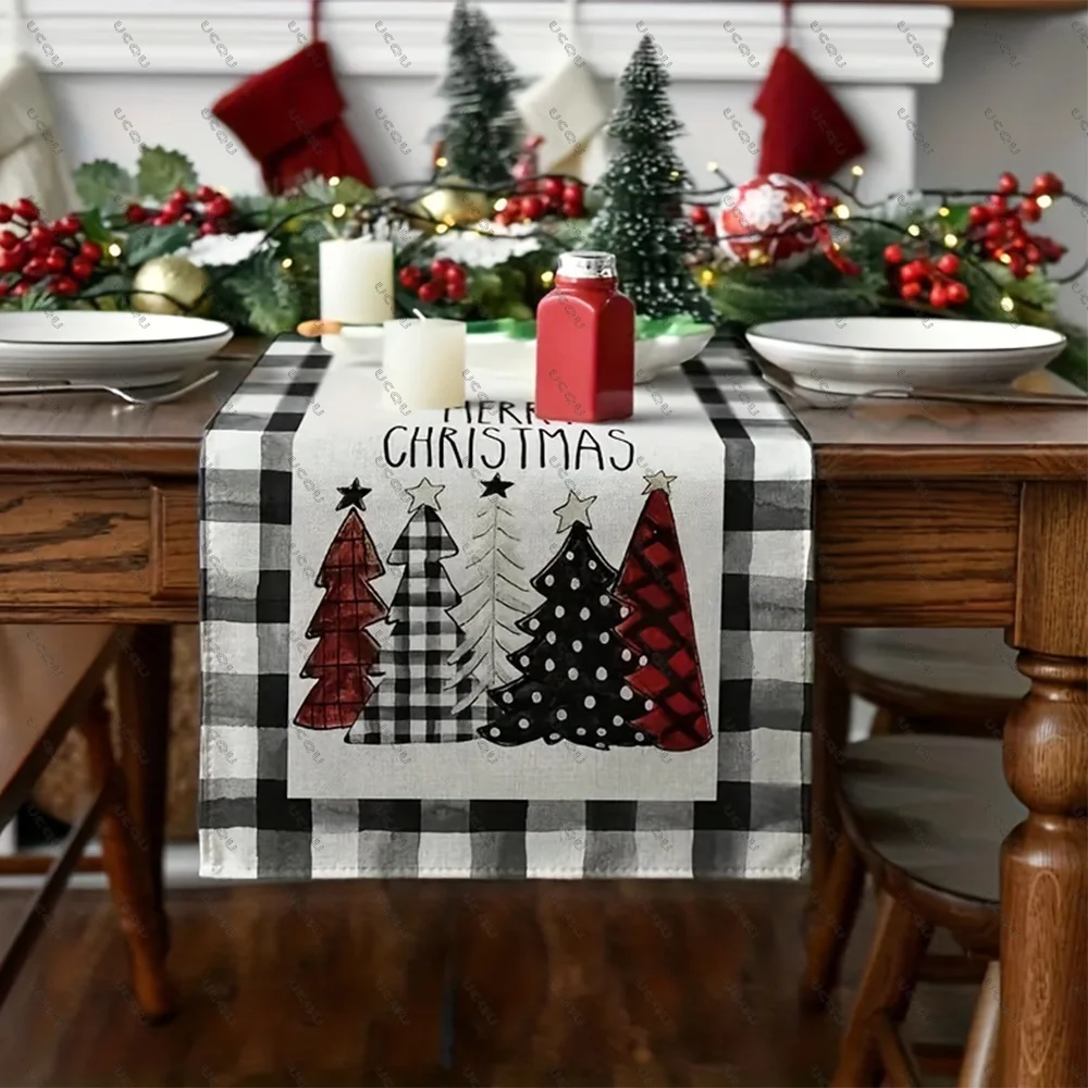Waterclor Buffalo Plaid Weihnachtsbäume Frohe Weihnachten Tischläufer Urlaub Dekorative Stoffflagge Familie Party Küche Geschenk Flachs Weihnachten