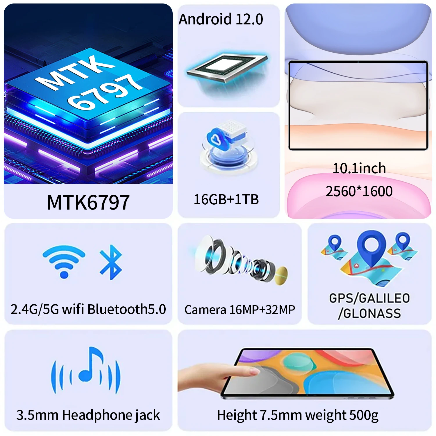 Tablet Android com Wi-Fi e rede Bluetooth, 16GB de RAM, 1TB ROM, 16MP, 32MP, 10.1 in, 8800mAh, 10Core, 12.0, Brand New, 2024