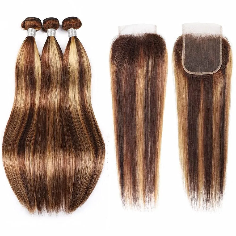 Highlight Bone Straight Bundles with Closure Brown Human Hair Bundles with Closure Ombre Honey Blonde Bundles with Closure