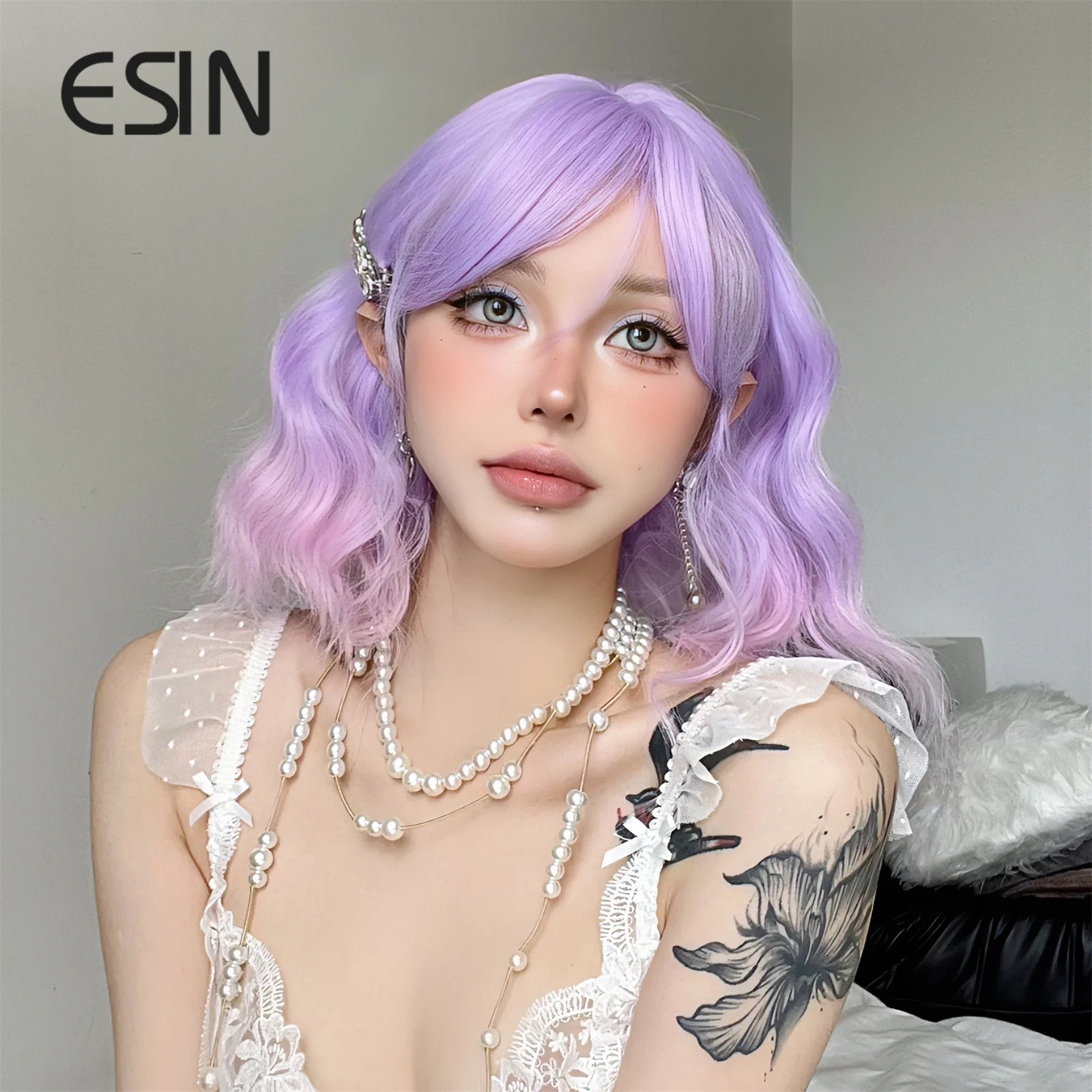 ESIN Synthetic Purple Wavy Bob Wigs Medium Gradient Long Loose Body Wave Wig with Bangs Cosplay Daily Natural Wigs for Women