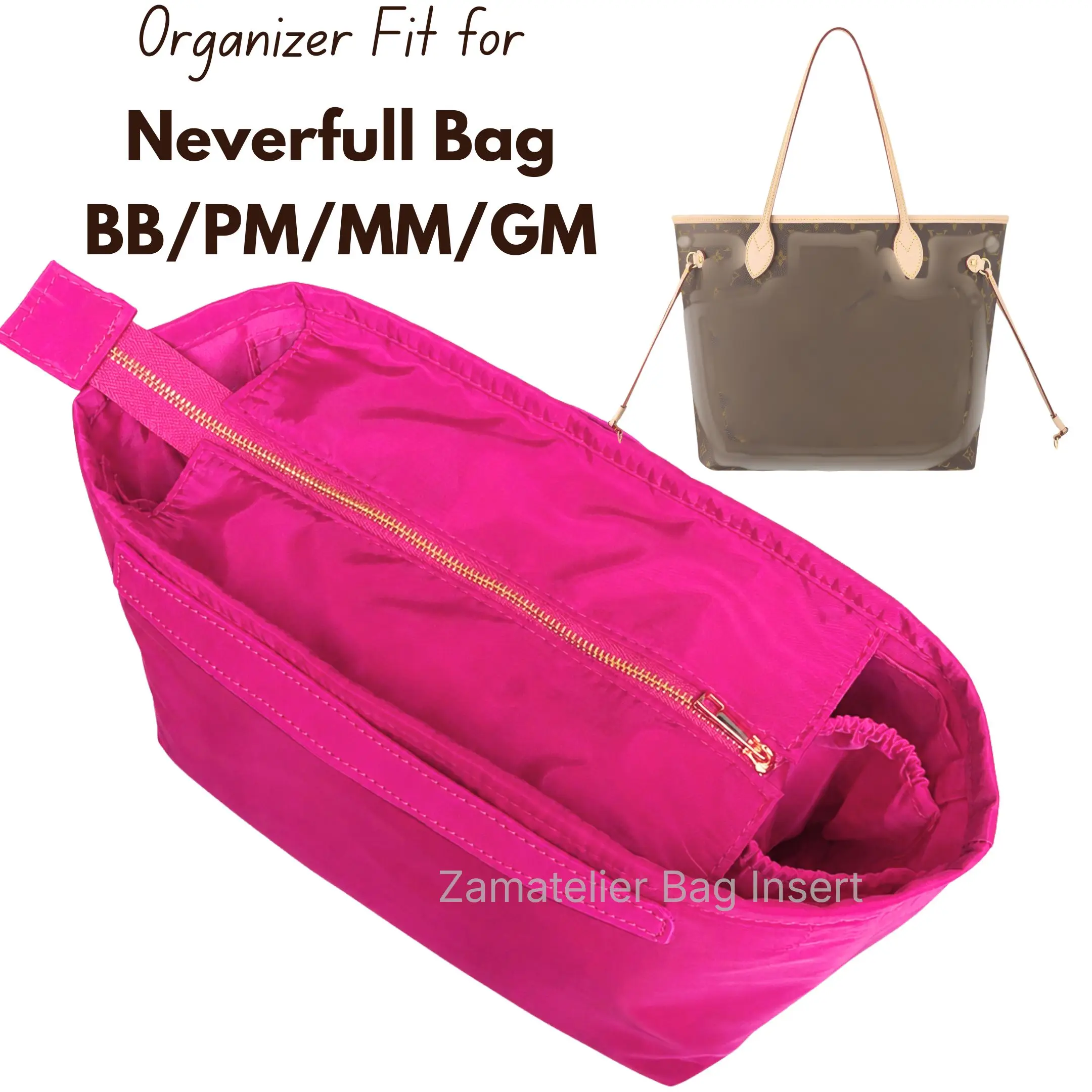 Nylon Bag Insert for Neverfull Tote BB/PM/MM/GM, Waterproof Purse Liner with Zip Cover Handle Zipper Pocket