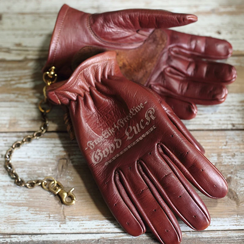 Retro Motorcycle Gloves with Chain for Men, Cowhide Leather, Full Fingers, Brown, Wine Red, First Layer, S3516