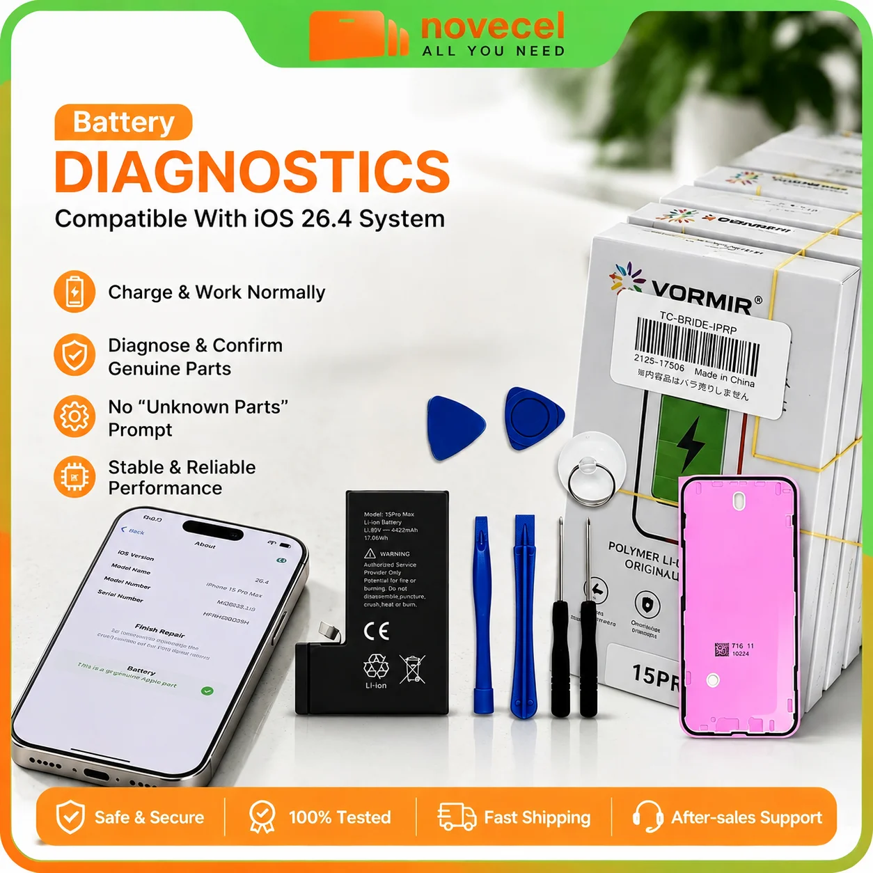 Vormir High Capacity Diagnostic Battery No Unknown Parts for iPhone 12mini 13Pro Max 14Plus 15Pro Max With Sticker Free Tools