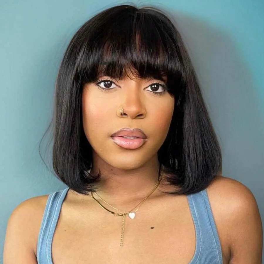 

3x1 Middle Part HD Lace Wig With Bangs 8-16 inch Full Machine Made Bone Straight Short Bob Wigs 100% Human Hair For Women